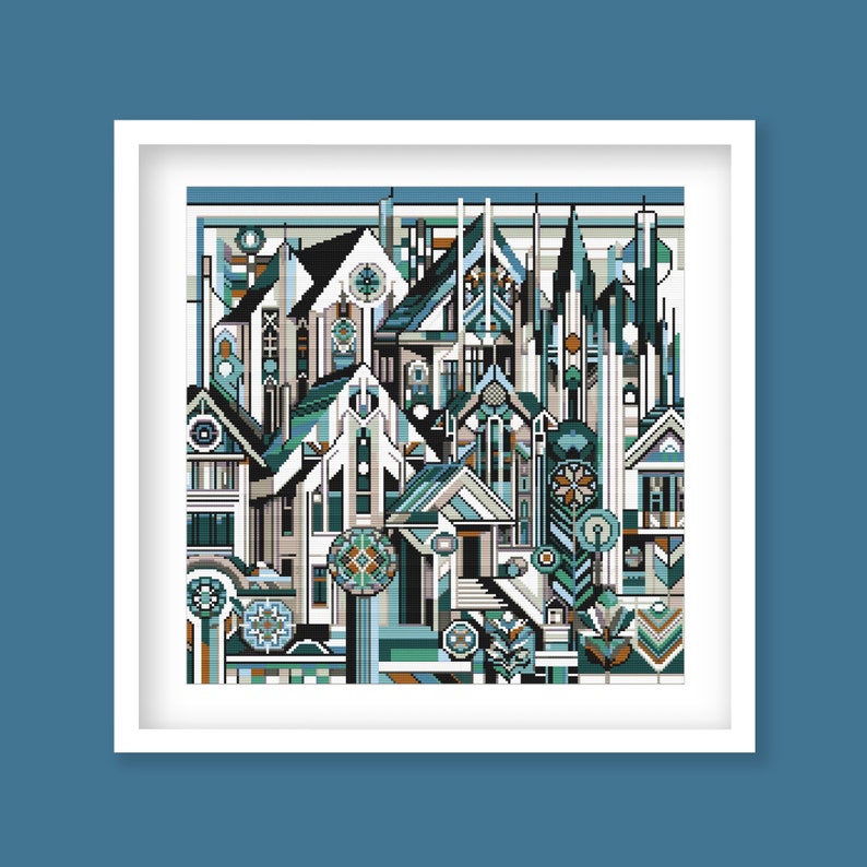 Geometric City Cross Stitch Pattern - Modern Village Architecture ...
