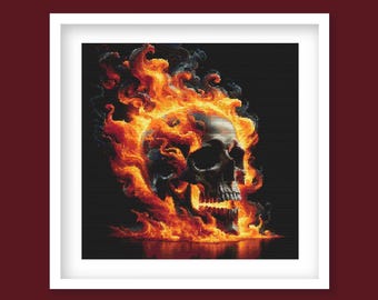 Skull Cross Stitch Pattern, Flaming Skull Embroidery, Gothic Fire Skull, Dark Horror Cross Stitch, Full Coverage PDF, Instant Download