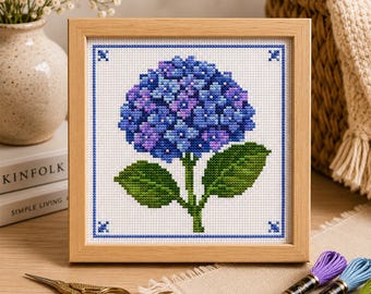 Blue Hydrangea Flower Cross Stitch Pattern – Elegant Floral Embroidery (Digital Download)