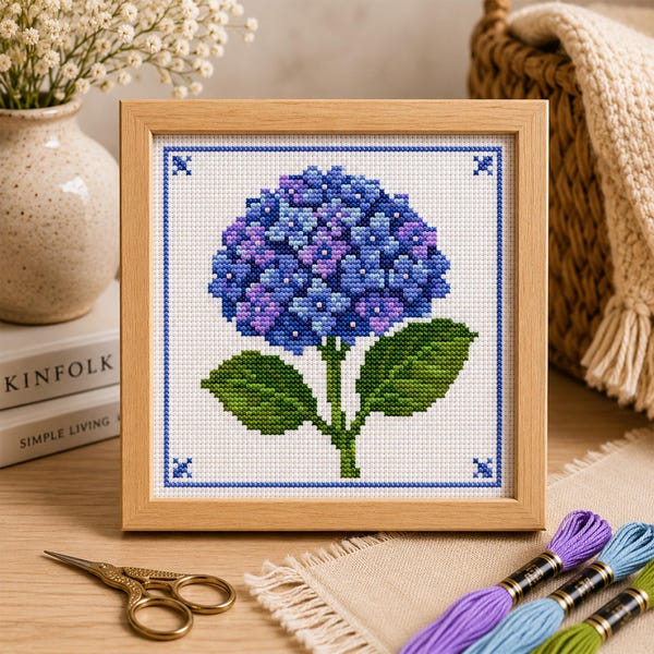 Kreuzstichmuster „Blaue Hortensie“ – Elegante Blumenstickerei (Digitaler Download)