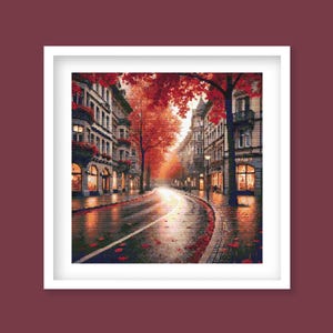 Autumn Cityscape Cross Stitch Pattern - Cozy Fall Street Scene Embroidery Design. Digital PDF Download.