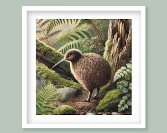 Kiwi Bird Cross Stitch Pattern: New Zealand Forest Scene. Digital PDF Download