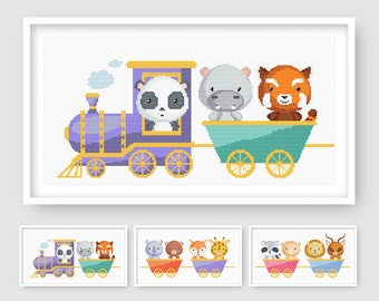 Colorful Animal Train Cross Stitch Trio for Kids, Set of 3 Patterns, Cute Room Decor. Instant download
