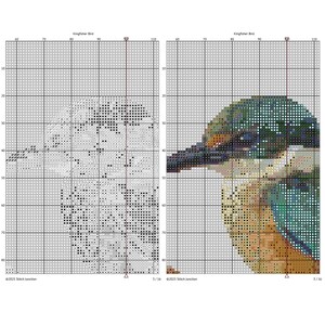 Sacred Kingfisher Kōtare Cross Stitch Pattern digital download chart preview with colour symbols and black-and-white symbol chart for printable counted cross stitch.