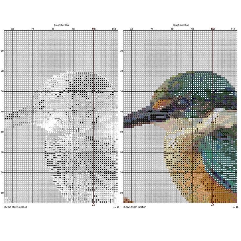 Sacred Kingfisher Kōtare Cross Stitch Pattern digital download chart preview with colour symbols and black-and-white symbol chart for printable counted cross stitch.