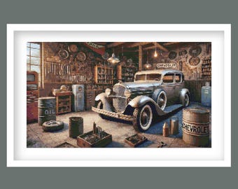 Vintage Garage Cross Stitch Pattern – Chevy 1920 Classic Car - Retro Auto Workshop Decor (Digital PDF Download)