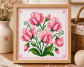 Sweet Pea Cross Stitch Pattern – Delicate Pink Floral Embroidery Design (Digital Download)