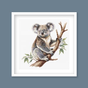 May include: A gray and white koala bear sitting on a branch with green leaves. The koala is looking at the viewer.