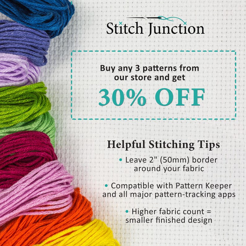 Cross stitch information sheet from Stitch Junction featuring a 30% off offer when purchasing any 3 patterns, displayed on a white Aida fabric background with colourful embroidery floss along the left side. Includes helpful stitching tips about leaving a 2-inch border, Pattern Keeper compatibility, and how higher fabric counts create smaller finished designs.