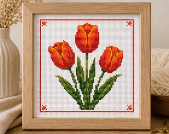 Orange Tulip Cross Stitch Pattern, Spring Floral Botanical Embroidery Art (Digital Download)