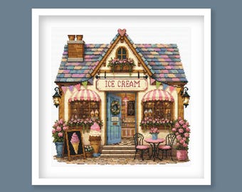 Ice Cream Shop Cross Stitch Pattern, Whimsical Village Store (Digital Download)