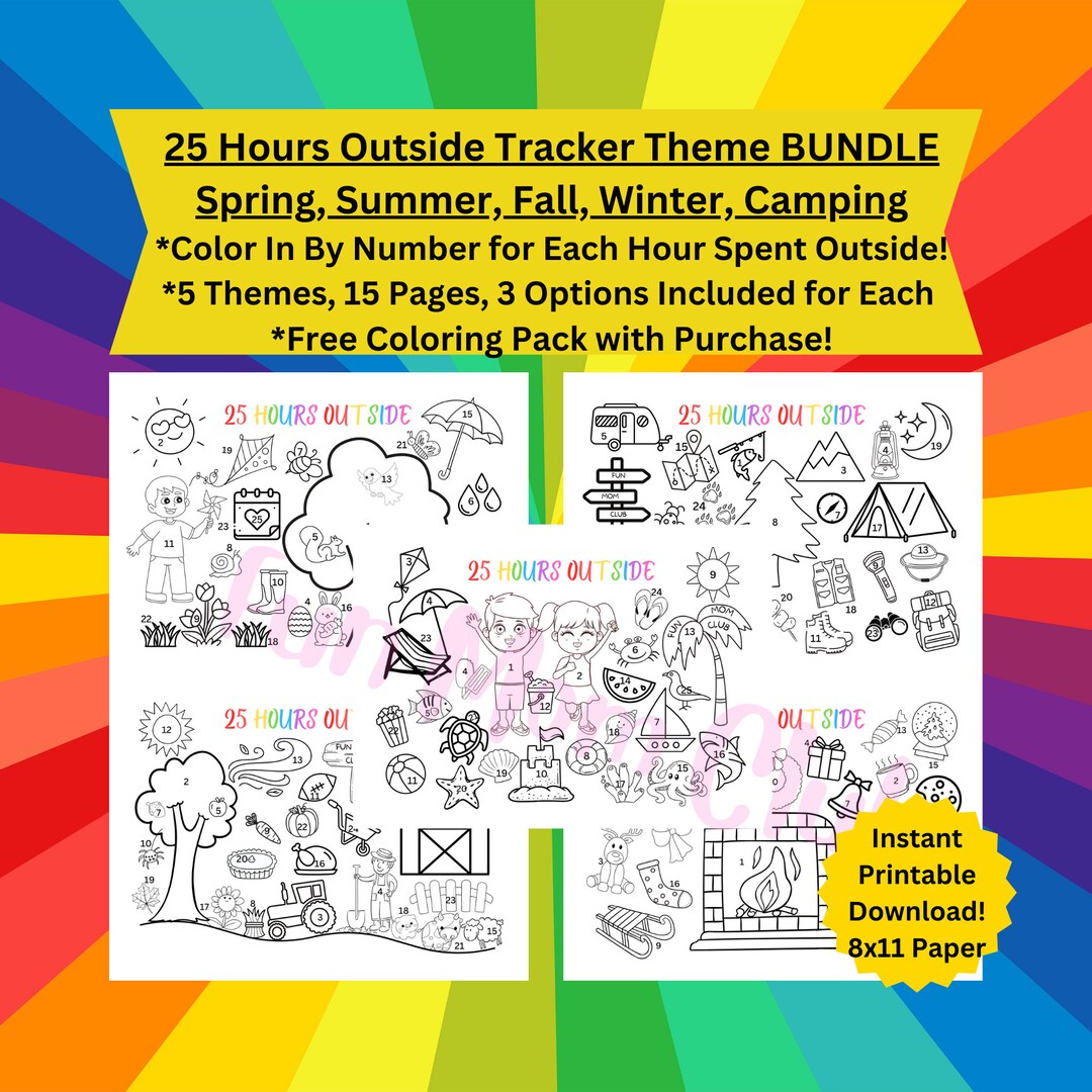 BUNDLE Themed 25 Hours Outside Trackers for Kids Play Printable Color ...