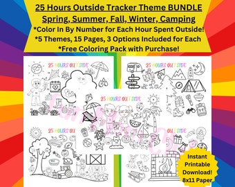 BUNDLE Rastreadores temáticos de 25 horas al aire libre para que los niños jueguen Color imprimible por página numérica Desafío al aire libre para niños Actividad de rastreador de la naturaleza