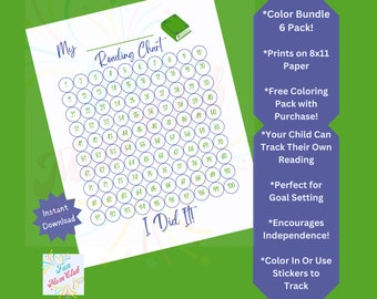 May include: A printable reading chart with a green book icon and the text "My Reading Chart" and "I Did It!"  The chart is a 10x10 grid with numbers 1-100.  The chart is designed to help children track their reading progress.