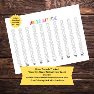 Flower Hours Outside Tracker for Kids Play Printable Letter Size Outdoor Time Chart for Children Nature Tracker Girl Routine Habit Tracker