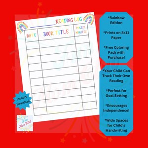 Rainbow Reading Tracker for Kids Printable Reading Log Reading List Book Tracker Child Reading Challenge Kid Summer Reading Log Montessori