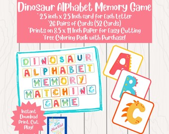 Juego de cartas de memoria de dinosaurios imprimibles Actividad educativa Guardería Hogar Escuela Preescolar Jardín de infantes Alfabeto Juegos de aprendizaje temprano