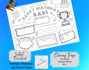 Feliz cumpleaños papá Página para colorear Imprimible Regalo de cumpleaños de papá Imprimible para niños Todo sobre papá Rellene la plantilla Actividad de cumpleaños del padre
