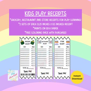 Printable Kids Play Receipts for Grocery, Restaurant and Store Pretend Play Imagination Dramatic Play Learning Montessori Daycare Classroom