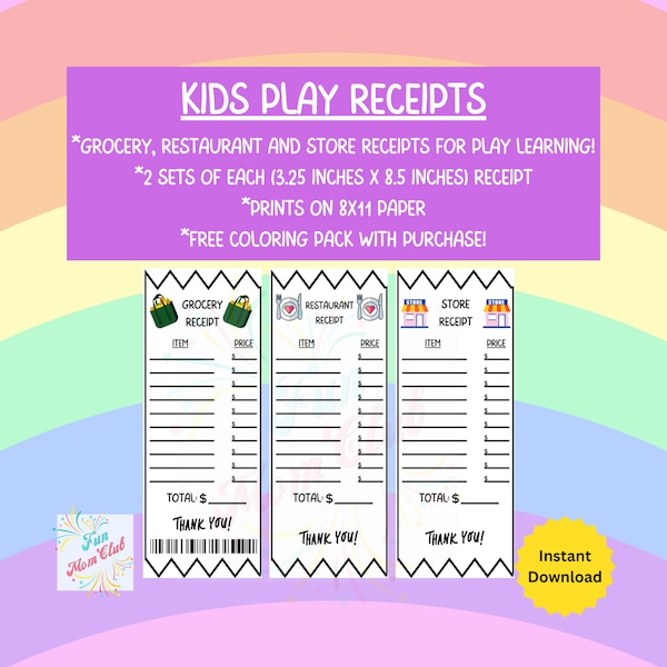 Printable Kids Play Receipts for Grocery, Restaurant and Store Pretend Play Imagination Dramatic Play Learning Montessori Daycare Classroom