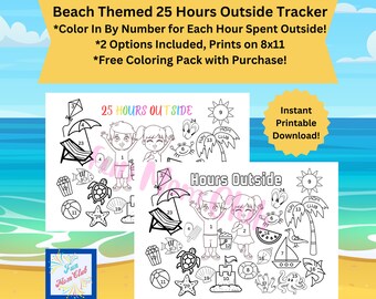 Rastreador de 25 horas al aire libre con temática de verano en la playa para niños Jugar Color imprimible por página numérica Desafío al aire libre para niños Rastreador de la naturaleza