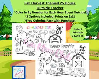 Fall Harvest Farm Themed 25 Hours Outside Tracker 4 Kids Color imprimible por página numérica Desafío al aire libre para niños Nature Tracker