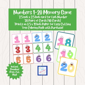 Memory Matching Card Game Educational Activity Daycare Home School Printable Preschool Kindergarten Numbers 1-20 Early Learning Games
