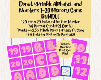 Paquete de alfabeto y números de donuts imprimibles Juego de cartas a juego de memoria Actividad educativa Hogar Escuela Preescolar Juegos de aprendizaje temprano para niños pequeños