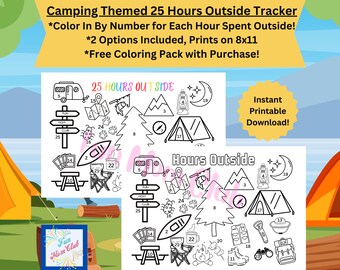 Rastreador exterior de 25 horas con temática de campamento para niños, juego imprimible de Color por página numérica, desafío al aire libre para niños, rastreador de naturaleza