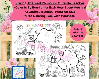 Rastreador exterior de 25 horas con tema de primavera 4 niños juegan Color imprimible por página numérica Desafío al aire libre para niños Rastreador de naturaleza Escuela en casa