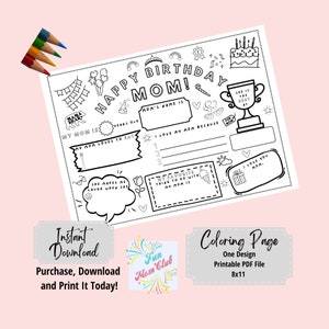 Página para colorir de feliz aniversário, mãe, para impressão, presente de aniversário da mãe, para crianças, tudo sobre a mãe, modelo de preenchimento, atividade de aniversário da mãe