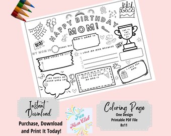 Happy Birthday Mom Coloring Page Printable Mom’s Birthday Gift Printable for Kids All About Mom Fill In Template Mother’s Birthday Activity