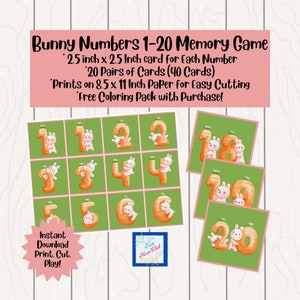 May include: A printable memory game featuring 20 pairs of cards with bunnies holding numbers 1-20. Each card is 2.5 inches by 2.5 inches and prints on 8.5 by 11 inch paper. The game includes a free colouring pack.
