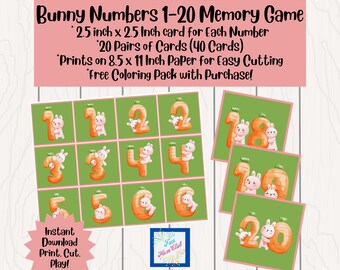 Conejito de Pascua Juego de cartas de memoria Actividad educativa Guardería Hogar Escuela Imprimible Preescolar Jardín de infantes Números 1-20 Aprendizaje temprano
