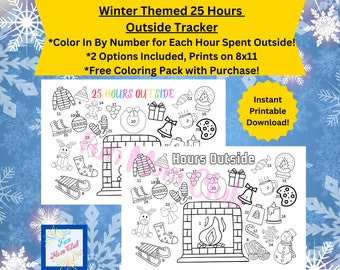 Rastreador exterior de 25 horas con tema de invierno 4 niños Color imprimible por página numérica Desafío al aire libre para niños Rastreador de la naturaleza Actividad navideña