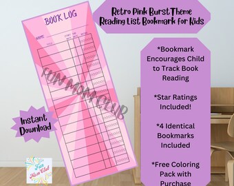 Retro Pink Burst tema biblioteca marcador imprimible niños lectura rastreador lista de lectura marcador niño verano lectura desafío libro registro