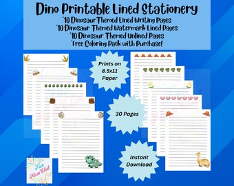 Papel rayado imprimible Dinosaurio Papelería para niños Escritura a mano Hojas digitales Papel para escribir cartas Hojas para escribir Forrado Sin forro Marca de agua Papee
