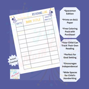 Spaceman Reading Tracker for Kids Printable Reading Log Reading List Book Tracker Child Reading Challenge Kid Summer Reading Log Montessori