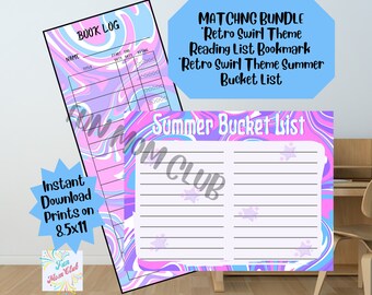 Paquete a juego Retro remolino marcapáginas/lista de cubo imprimible niños biblioteca seguimiento de lectura marcapáginas niño verano desafío chica libro registro