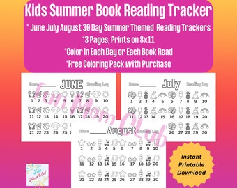 Mes de lectura de verano para niños 30 días Rastreador de 3 paquetes Registro de lectura imprimible Color en la página Rastreador de libros Desafío de lectura infantil Lectura de verano para niños