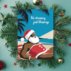 Sin estrés, solo bendiciones / Papá Noel negro / Afroamericano / Tarjeta de felicitación navideña negra / Celebrando el amor, la comunidad y la familia negros