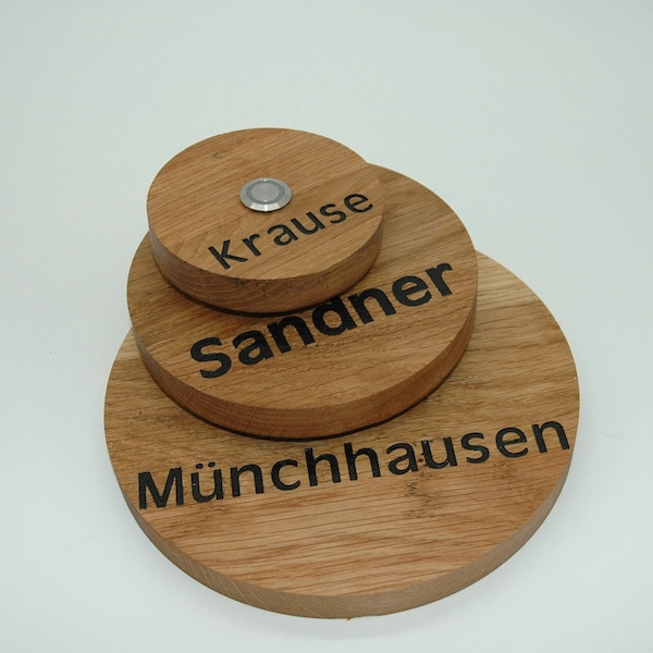 Klingelschild Eiche rund mit beleuchtetem Klingelschalter 10cm Durchmesser, auch in 15cm und 20cm Durchmesser erhältlich