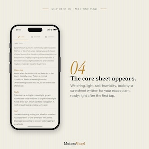 K&ouml;nnte beinhalten: Ein Smartphone zeigt eine App-Oberfl&auml;che zur Pflanzenpflege mit Textanweisungen f&uuml;r Golden Pothos, einschlie&szlig;lich Gie&szlig;en, Licht und Boden. Rechts steht der Text 04 The care sheet appears mit einer kurzen Beschreibung.