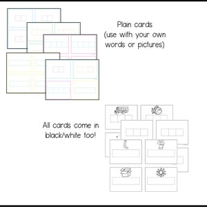 May include: Blank printable cards with a grid layout. The cards are available in black and white. The text on the page reads "Plain cards (use with your own words or pictures)" and "All cards come in black/white too!"
