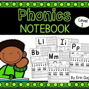 May include: A black and white illustration of a child holding a book. The book has the title "Phonics Notebook Level 1". The illustration is surrounded by a green and black border with a pattern of green circles.