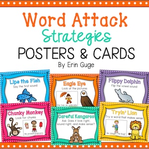 以下が含まれることがあります： 動物のイラストと単語攻撃戦略を説明するテキストが書かれたカラフルなポスター。ポスターには、「Lips the Fish」、「Eagle Eye」、「Flippy Dolphin」、「Chunky Monkey」、「Careful Kangaroo」、「Tryin' Lion」が含まれています。