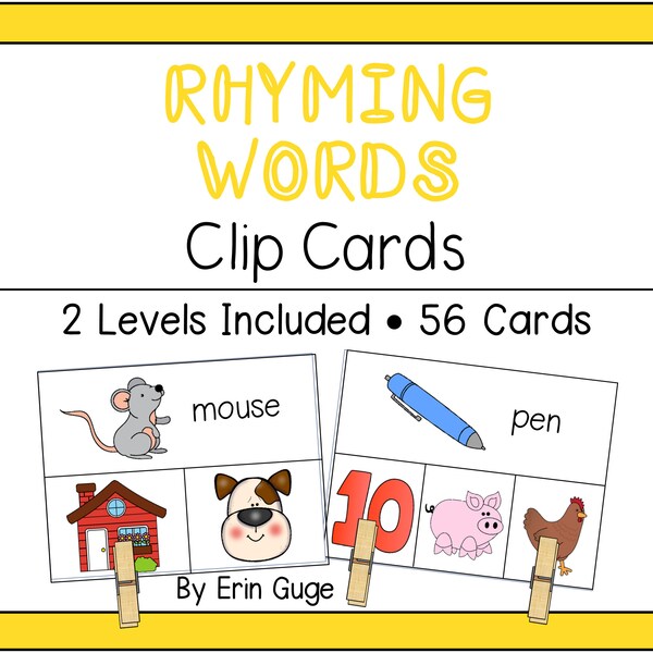 Phonemic Awareness: Rhyming Words Clip Cards (2 Levels Included)