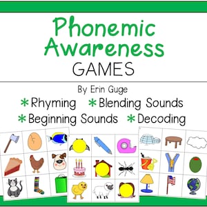 以下が含まれることがあります： 子供向けの緑と白の印刷可能なフォニックス意識ゲームセット。ゲームには、韻を踏む、音を混ぜる、最初の音を出す、デコードが含まれます。ゲームには、さまざまなオブジェクトのカラフルなイラストが描かれています。