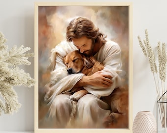 PERSONALIZADO - Lámina de Jesús abrazando a un perro - Memorial cristiano por la pérdida de una mascota (Descarga digital)