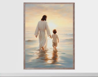 Jesús caminando con un niño: Impresión cristiana inspirada en la fe (descarga digital)